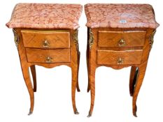 Pair Continental inlaid two drawer marble topped pedestals, 70cm by 40cm by 27cm.