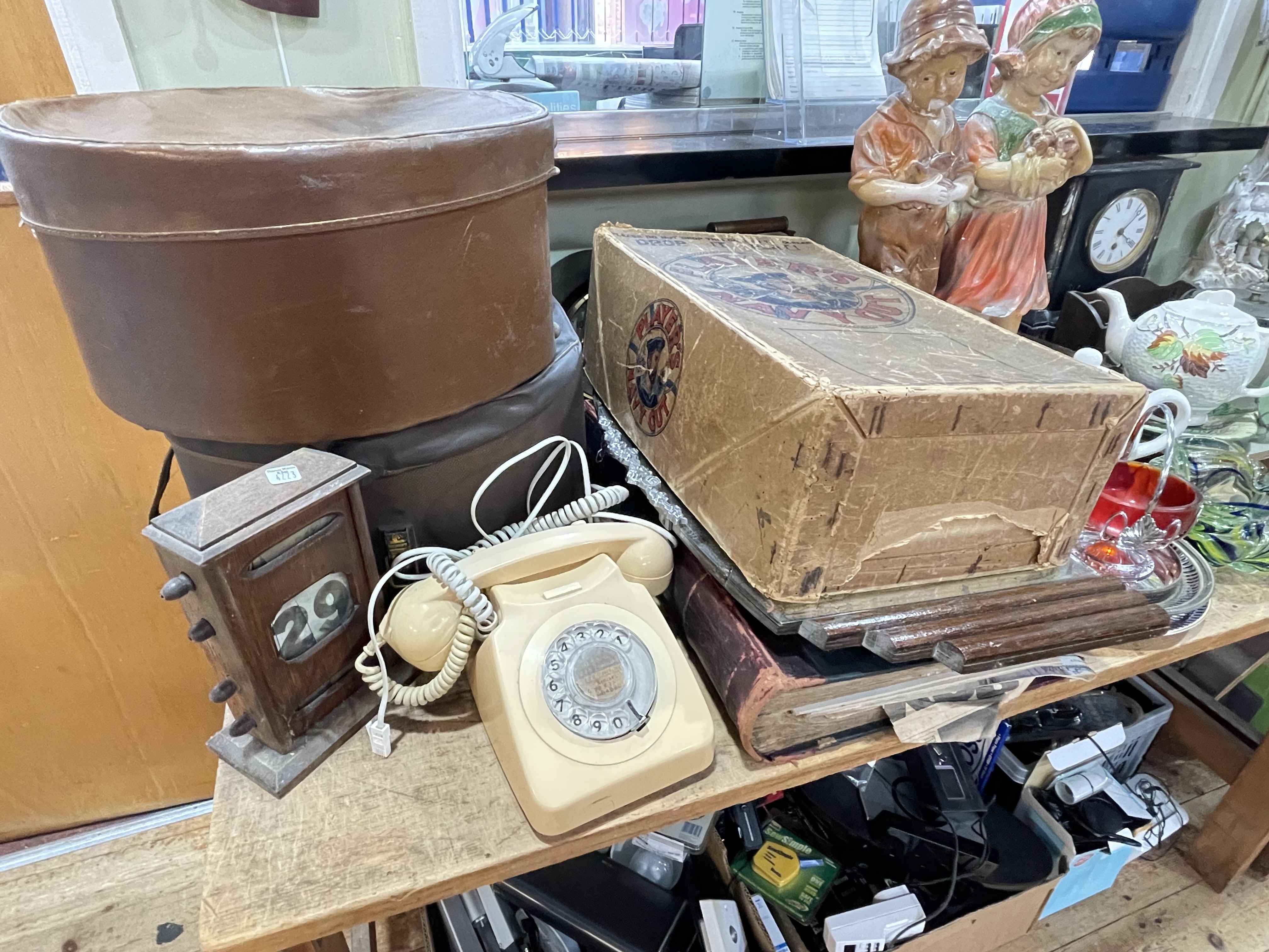 Collection of items including oak perpetual calendar, slate mantel clock, porcelain, - Image 2 of 2