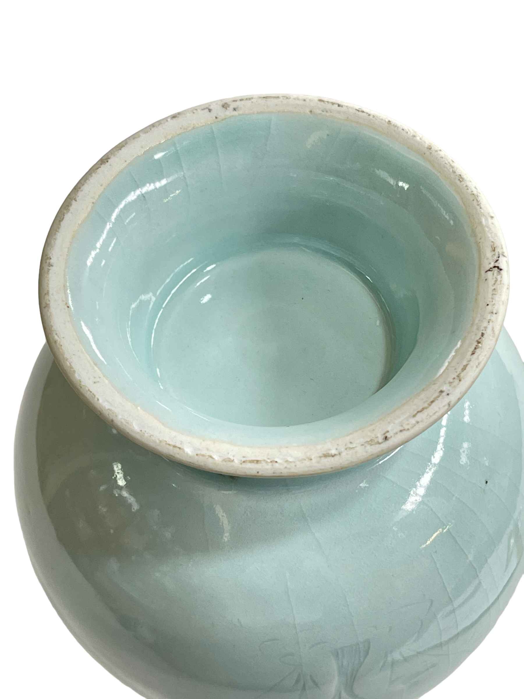 Chinese pale blue porcelain vase with twin handles of bulbous form with flared rim on wood stand, - Image 3 of 3