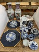 Collection of Oriental wares including some antique blue and white pieces, signed pea hen plate,