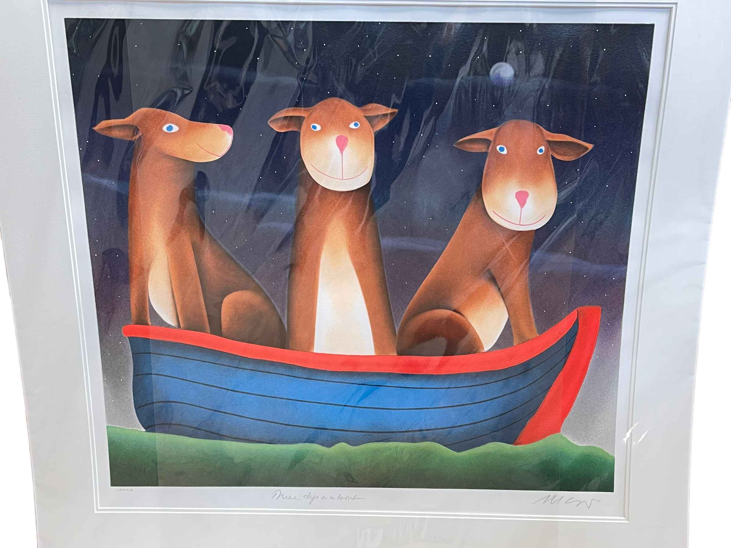 Mackenzie Thorpe, Three Dogs in a Boat, limited edition silkscreen, signed,