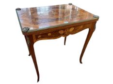 Continental floral inlaid and brass mounted fold top card table, 75cm by 73cm by 54cm (closed).