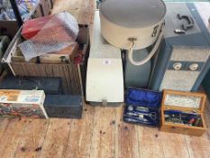 Vintage record player, typewriter and sewing machine, Hornby model railway,