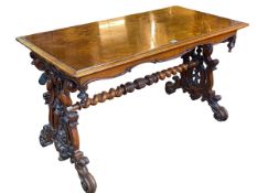 Victorian rectangular walnut centre table raised on carved ends, joined by twist stretcher,