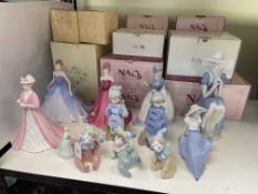 Five Coalport lady figurines and eight Nao figurines with boxes.