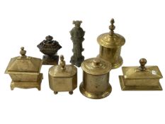 Collection of five antique brass tobacco boxes, censor and soapstone figure.