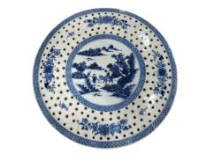 Large Chinese blue and white strainer, 36cm diameter.