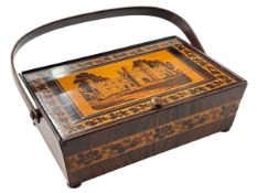19th Century Tunbridge Ware box with swing handle, the lid decorated with Gateway of Battle Abbey,