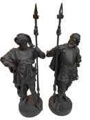 Two Spelter sculptures depicting soldiers, 81cm high.