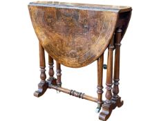 Small Victorian burr walnut and line inlaid Sutherland table, 52cm by 53cm by 15cm (leaves down).