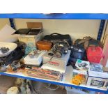 Collection of cameras, binoculars, scales with weights, LP records, etc.