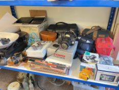 Collection of cameras, binoculars, scales with weights, LP records, etc.