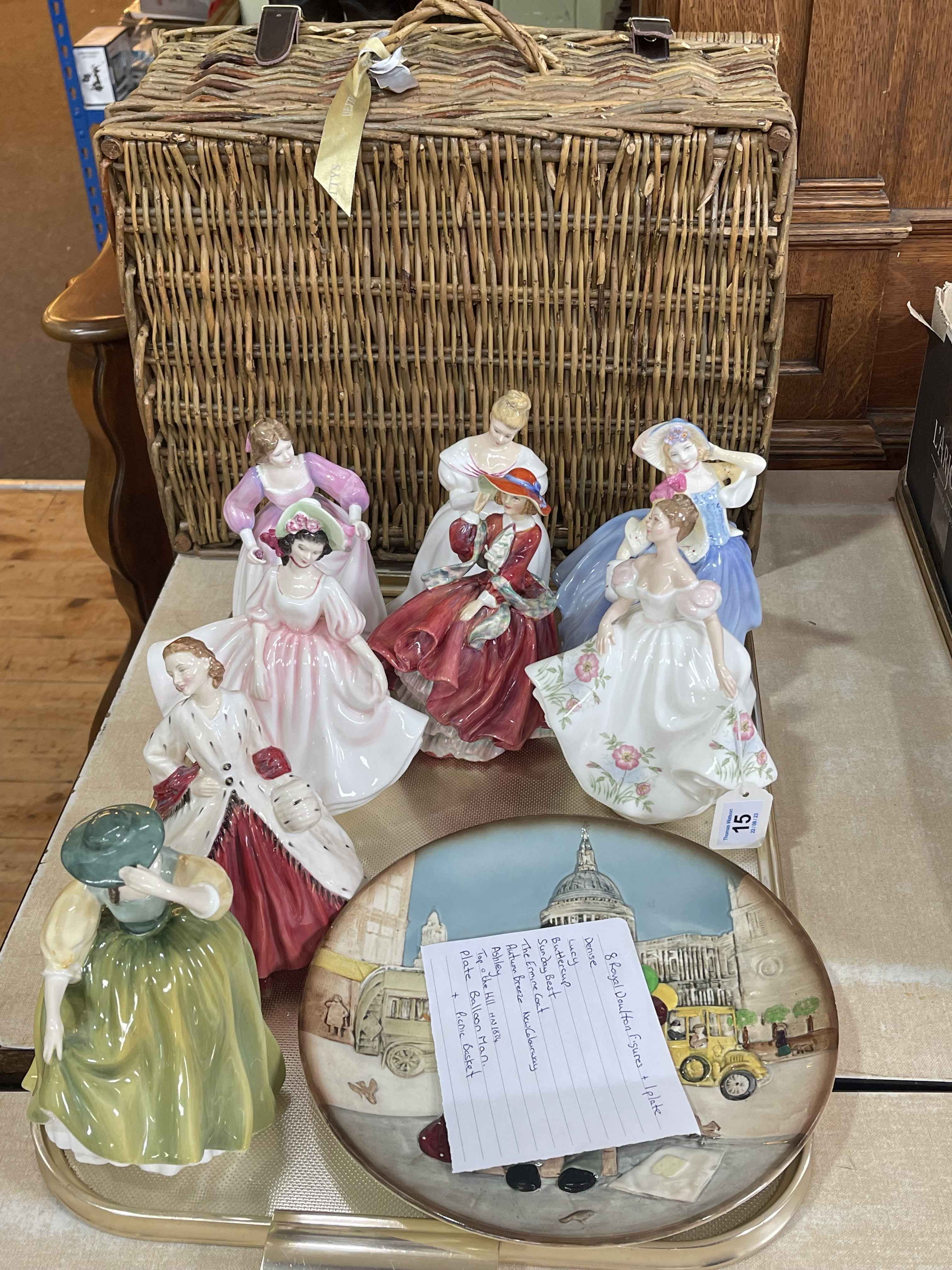 Eight Royal Doulton ladies, Balloon Man plate and wicker picnic basket.