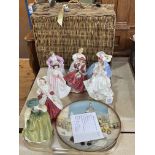 Eight Royal Doulton ladies, Balloon Man plate and wicker picnic basket.