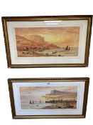 E Lewis, Coastal Scenes, pair watercolours, both signed, 23.5cm by 52cm, in gilt frames.