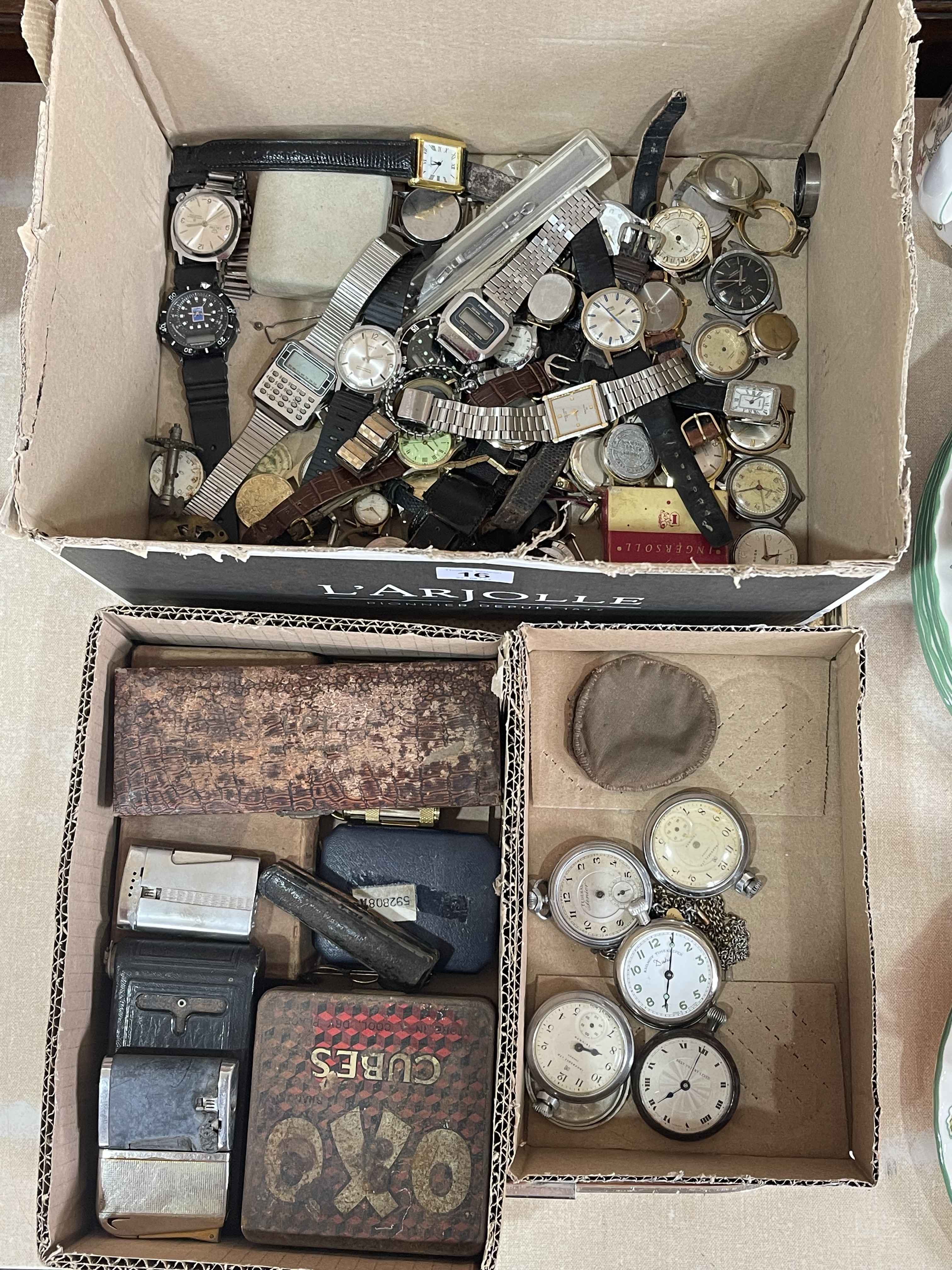 Collection of wrist and pocket watches, lighters, cheroot holder, etc.
