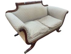 Regency style mahogany scroll arm two seater settee.