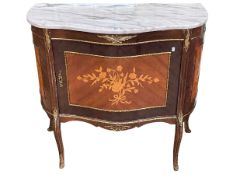 Continental inlaid marble topped serpentine shaped front side cabinet, 82cm by 89cm by 43cm.