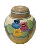 Clarice Cliff Bizarre Delicia Pansies ginger jar and cover, 20cm.