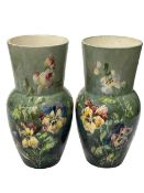 Pair of French Montigny Sur Loing art pottery vases with floral decoration, 30.5cm.
