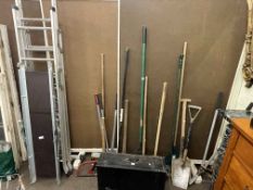 Tool box and tools, collection of garden tools, two pairs aluminium ladders and platform.