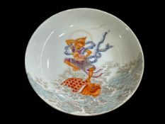 Chinese saucer dish with figure riding a turtle at sea, seal mark, 13.5cm.