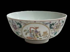 Chinese famille rose bowl with panels of artifacts, seal mark, 14cm diameter.