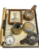 Cyma military pocket watch, trench brass ashtray, compasses, etc.