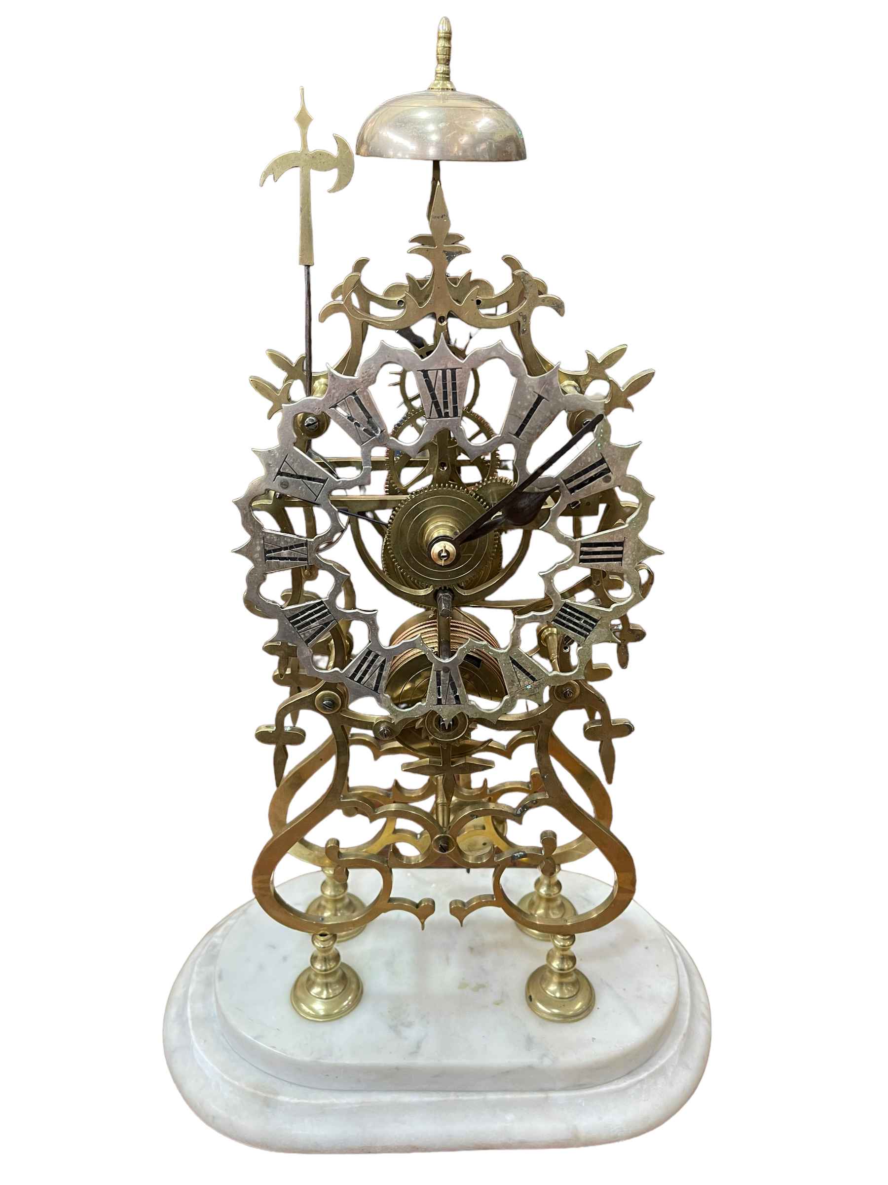 Brass skeleton clock on stone plinth, lacking dome, 49cm.