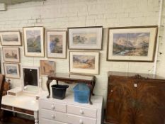 Collection of nine various framed landscape watercolours.