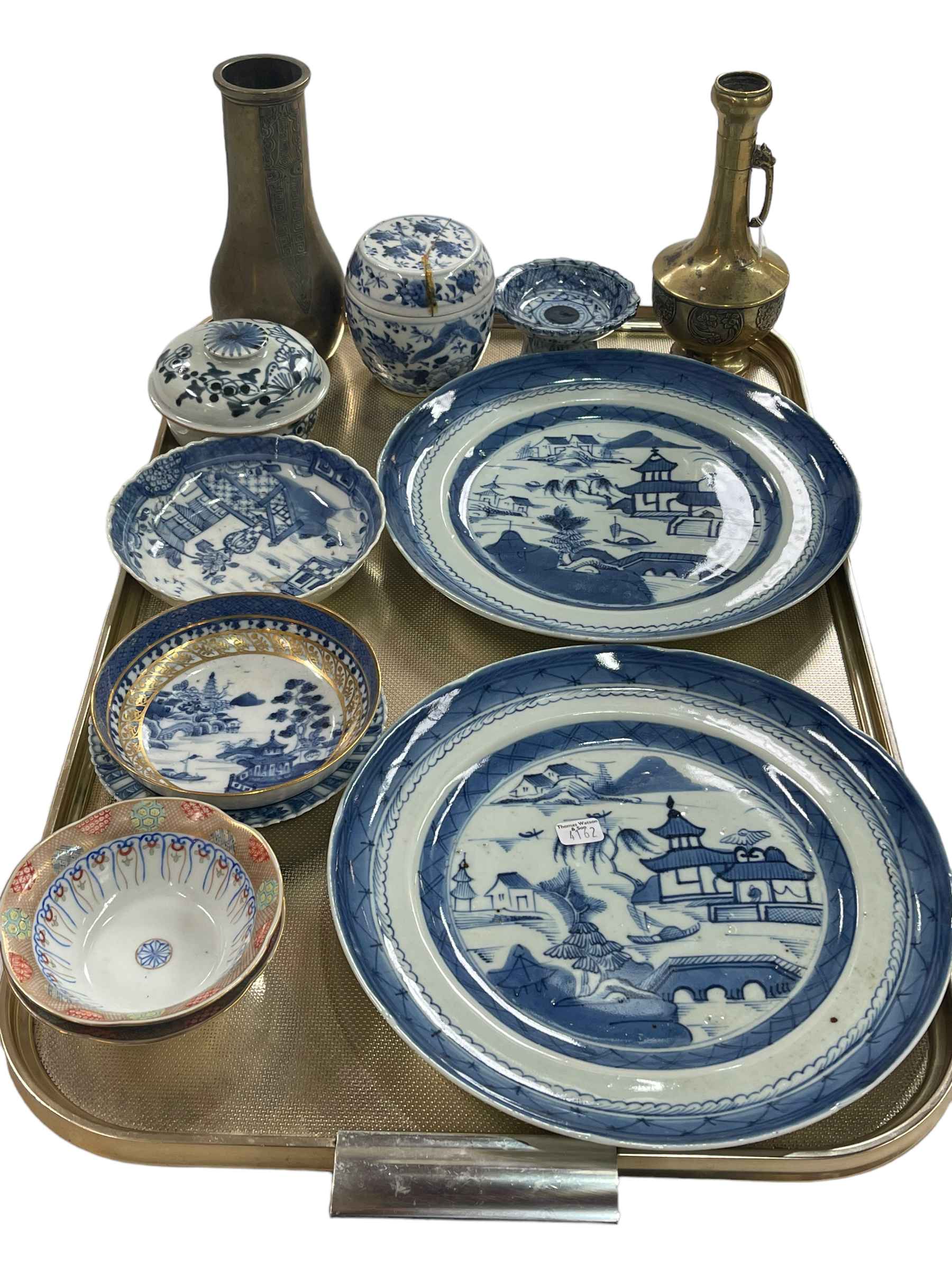 Collection of Chinese blue and white china including pair of plates, pair of small bowls,