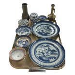 Collection of Chinese blue and white china including pair of plates, pair of small bowls,