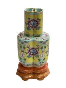 Chinese double form vase with flowers on yellow ground and gilt on orange base, seal mark, 16.5cm.