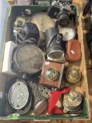 Collection of railway memorabilia including cast iron plaques, vacuum gauges, Ever Ready lamp,