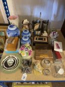 Silver match box holder, silver rimmed match strikers, bus memorabilia, Maling, etc.