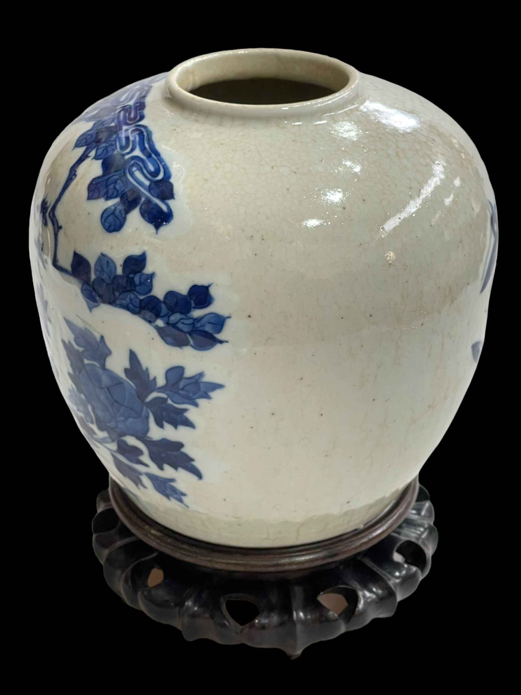 Large Chinese blue and white crackle glazed bulbous vase decorated with birds, - Image 2 of 5