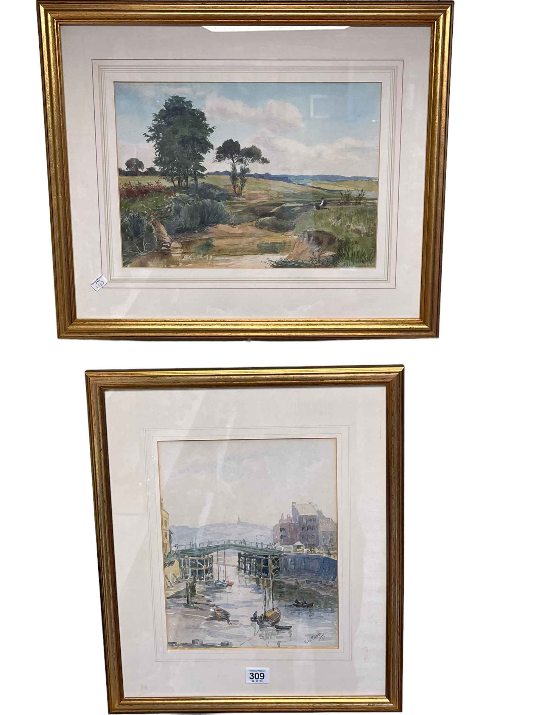 Two signed watercolours, Bedale & Whitby, and pair unsigned watercolours,