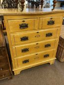 Art Nouveau pine chest of two short above three long drawers, 108cm by 91cm by 49cm.