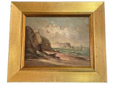 J Inskip, Coastal Scene, oil on board, signed lower left, 16cm by 20.5cm, in gilt frame.