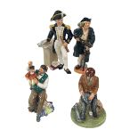 Four Royal Doulton figures including The Puppetmaker and The Captain.