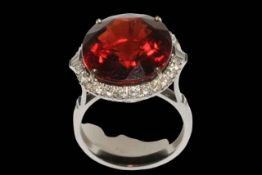 Impressive garnet and diamond 18 carat white gold ring, the large (1.8 by 1.