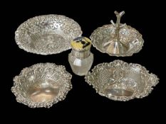 Three silver bon bon dishes, Sheffield 1894, Birmingham 1901 and 1904, ring stand,