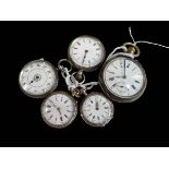 Five silver fob watches.