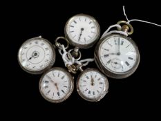 Five silver fob watches.