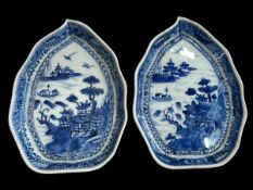 Two Chinese blue and white leaf shape dishes, 20cm length.