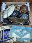 Masonic Regalia, metalwares, tins, tape measure,