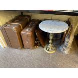 Marble top and brass table, leather trunks, mirrors, wooden boxes, etc.