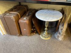 Marble top and brass table, leather trunks, mirrors, wooden boxes, etc.