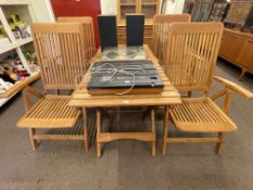 Global Teak Ltd pair folding garden tables and set of four folding garden chairs.