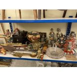 Collection of pewter tankards, figurines, binoculars, metalwares, parasol etc.